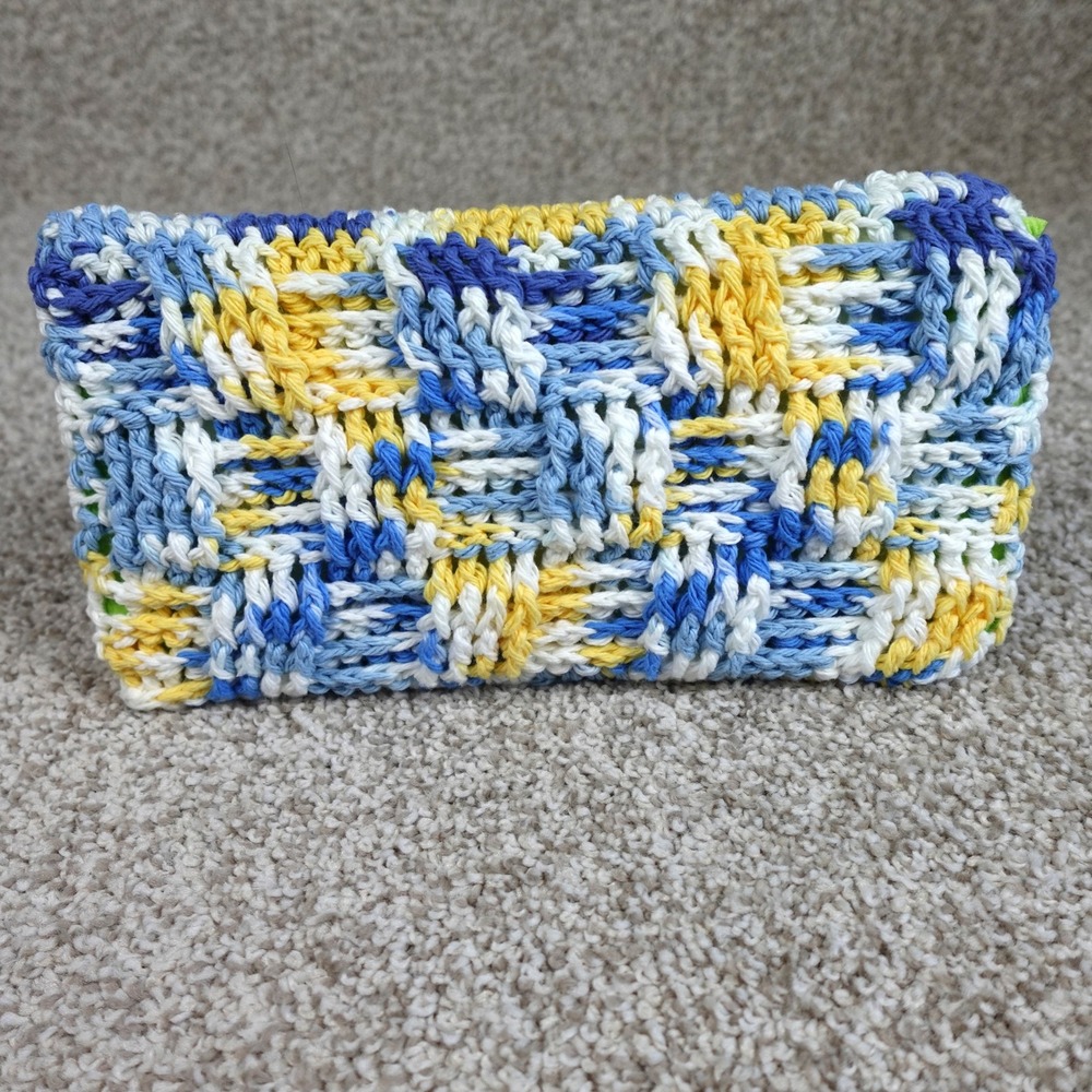 Handmade Crochet Reusable Mop Cover Blue Yellow White‎ Basketweave Sweeper Pad